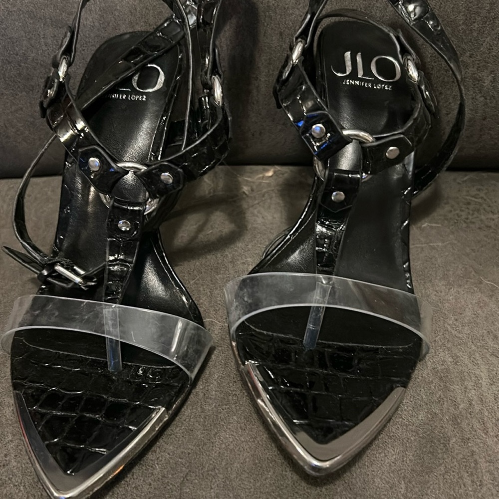 NWT black JLO sandals with a silver heel. Considerably comfortable!
